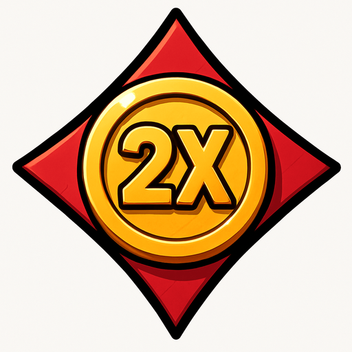 The diamond card suit with a coin in the center. The coin has a ‘2X’ in the center.  Anime style..
In-Game asset.  2d.  High contrast.  No shadows