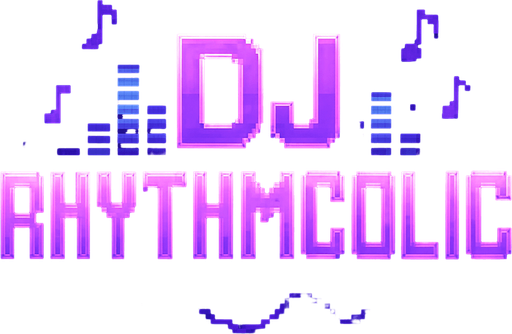 A bold and stylish pixel art logo text for the game title “DJ RHYTHMCOLIC” designed for a lo-fi rhythm pixel art game. The text is large, vibrant purple with neon glow effects, featuring a retro pixel font that looks futuristic and energetic. Behind the text, subtle pixelated neon sound waves and small music notes float gently in purple and blue hues, blending with a cozy DJ studio atmosphere. The background is transparent or very dark to highlight the glowing title. The style matches a dreamy, neon-lit nighttime vibe with pixel-perfect detail..
In-Game asset.  2d.  High contrast.  No shadows
