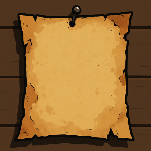 çivi ile duvara asılı hafif yıpranmış parşomen.
In-Game asset.  2d.  High contrast.  No shadows