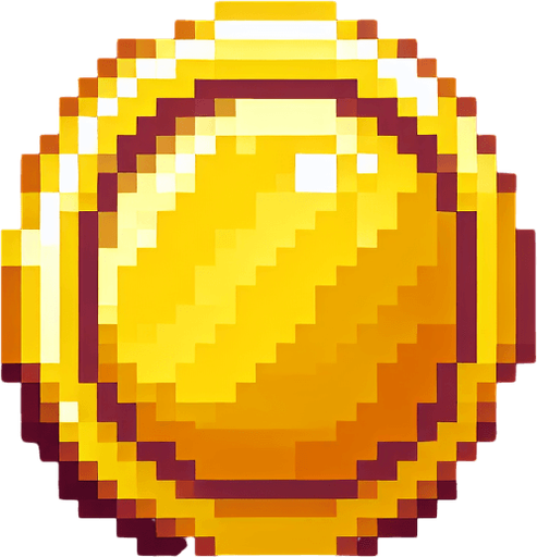simple pixel art coin and yellow.
Single Game Texture. In-Game asset. 2d. Blank background. High contrast. No shadows.