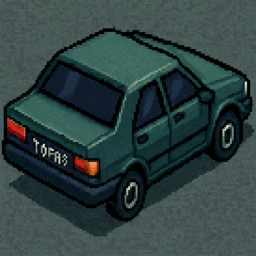 Tofaş turkish car, seen from behind 45 degree to the right

Top-down, gta2, Single Game Texture. In-Game asset. 2d. Blank background. High contrast. No shadows.isometric