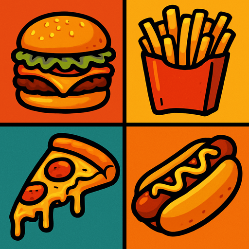 an image for each cell that is food theme based and fat and greasy and fast food.
In-Game asset.  2d.  High contrast.  No shadows
