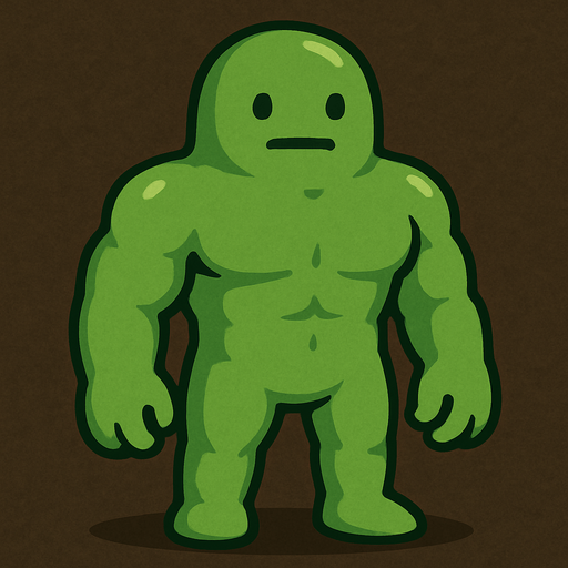 1 tane az kaslı yeşil slime yap çok az kası olsun nötr surat olsun.
In-Game asset.  2d.  High contrast.  No shadows ayakları elleri kafası var