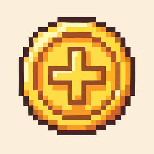 a pixel art coin.
In-Game asset.  2d.  High contrast. pixel