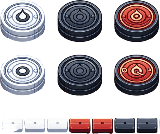White Coins: Smooth white with subtle shadows.

Black Coins: Matte black with light edges for visibility.

Red Queen Coin: Slightly larger or shinier with a glossy red finish.


All assets should be around 30–40 pixels in diameter.

Assets should look good on a wooden-style carrom board..
Single Game Texture.  In-Game asset.  2d.  Blank background.  High contrast.  No shadows