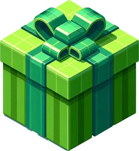 A big green christmas gift, isometric view Single Game Texture. In-Game asset. 2d. Blank background. High contrast. No shadows.