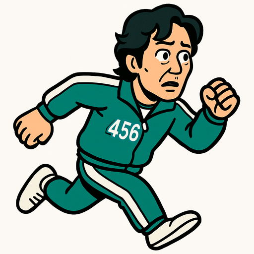 Crea al player del juego el calamar con el traja verde corriendo con el numero 456..
In-Game asset.  2d.  High contrast.  No shadows