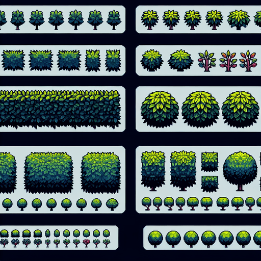 Create a sprite sheet showing the different components of the hedge.  The design should include views from above. Arrange the components on a dark background, neatly aligning each part in rows and columns for easy identification and use in game development..
Single Game Texture. In-Game asset. 2d. Blank background. High contrast. No shadows.
