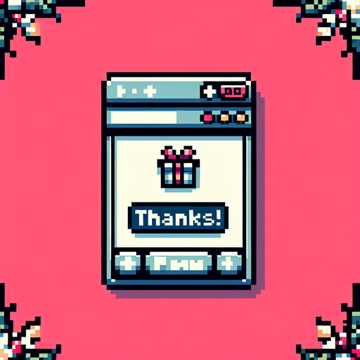 8 bit. message that reads ''Thanks!''. x-mas themed. in game asset. Single Game Texture. In-Game asset. 2d. Blank background. High contrast. No shadows.