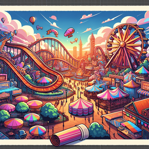 theme park.
Single Game Texture.  In-Game asset.  2d.  Blank background.  High contrast.  No shadows. 2d
