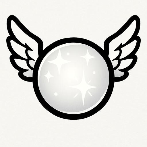 una esfera blanca con destellos con alas de angel a los lados.
In-Game asset.  2d.  High contrast.  No shadows