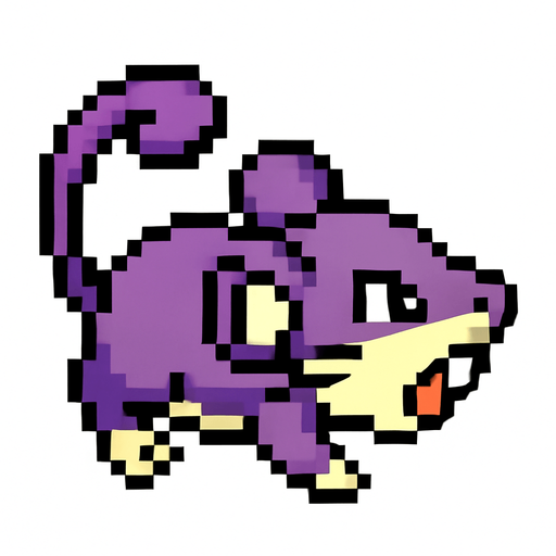 Rattata, visto desde arriba, viendo a la derecha.
In-Game asset.  2d.  High contrast.  No shadows
