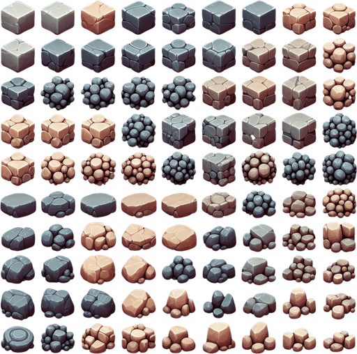 Create a sprite sheet with images of various rocks.  The design should be exclusively top views. Arrange the components on a dark background, neatly aligning each part in rows and columns for easy identification and use in game development..
Single Game Texture. In-Game asset. 2d. Blank background. High contrast. No shadows.