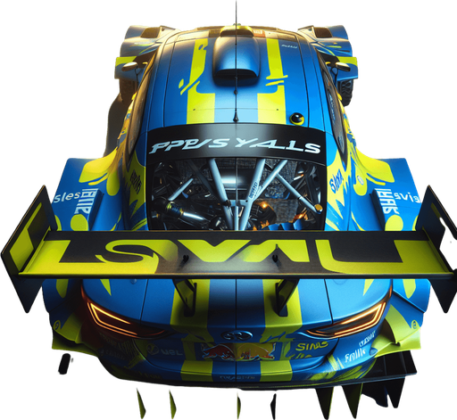 Hyperrealistic blue Subaru rally car with yellow liverys, top down view from the rear wing