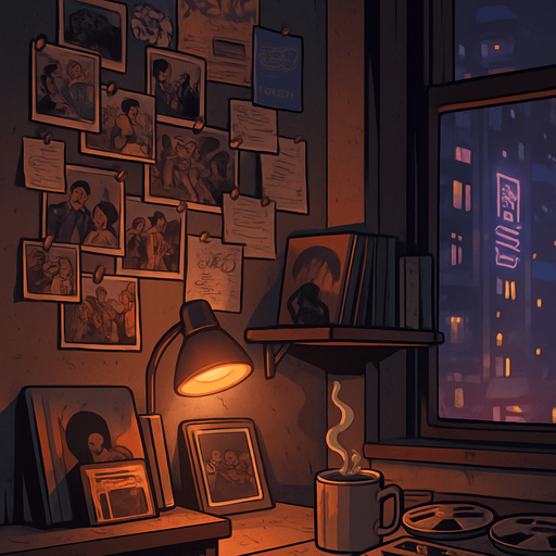 A 2048x2732 vertical background illustration in a semi-realistic comic book style. The setting reveals a nostalgic, dimly lit corner of the same urban apartment from the previous scenes. This part of the room showcases a personal wall collage filled with printed photographs, old event posters, and handwritten notes — all pinned with care and glowing softly under a small warm desk lamp. A wooden shelf holds vinyl covers, retro magazines, and a framed photo of a live DJ performance. On a nearby desk, a coffee mug steams next to an analog tape recorder, gently lit by the reflection of neon city lights from outside the window. The atmosphere is rich with memories, inspiration, and creative legacy. No characters, no text — just a sentimental space for the credits menu backdrop..
In-Game asset.  2d.  High contrast.  No shadows