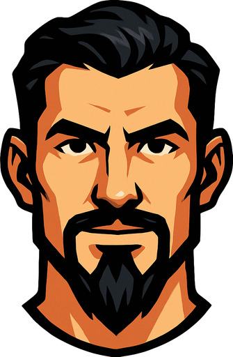 handsome, black hair, goat beard man head.
In-Game asset.  2d.  High contrast.  No shadows