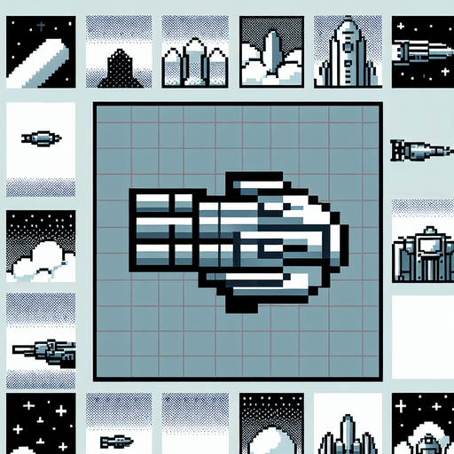 pixel space ship.
Single Game Texture.  In-Game asset.  2d.  Blank background.  High contrast.  No shadows