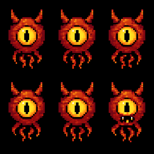 Generate a sprite sheet for a floating demon eye. Front side view. Include one attack sprite with mouth open. Retro pixel graphics..
In-Game asset.  2d.  High contrast.  No shadows
