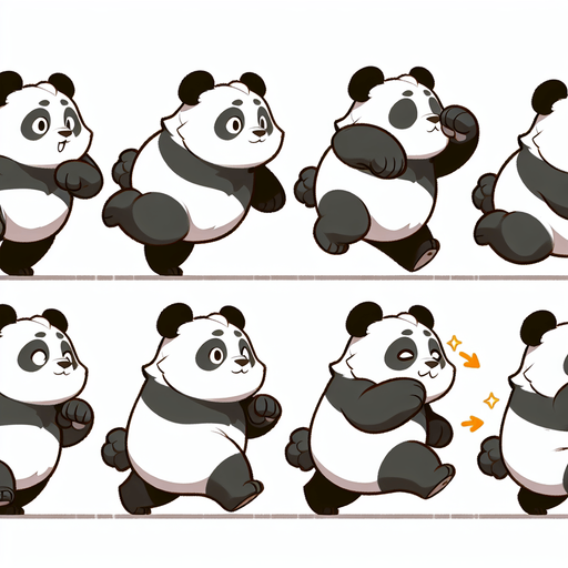 ayakta koşan bir pandanın farklı anları.
Single Game Texture. In-Game asset. 2d. Blank background. High contrast. No shadows.