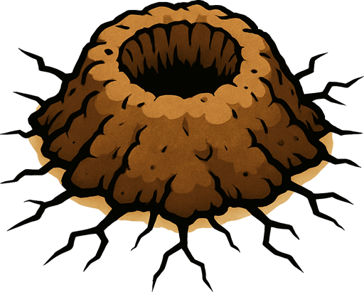 bir köstebek çukuru ama köstebeksiz etrafında çatlaklar olan ve yukarı doğru çıkan bir delik.
In-Game asset.  2d.  High contrast.  No shadows