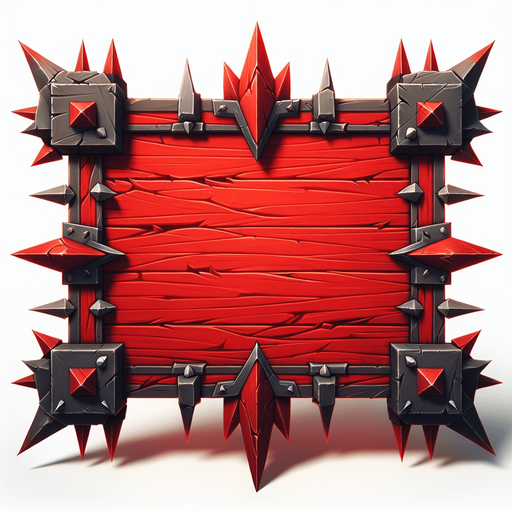 A dangerous bright red wooden message board with long spikes on all sides. Views straight from the front as an interface element..
Single Game Texture. In-Game asset. 2d. Blank background. High contrast. No shadows.