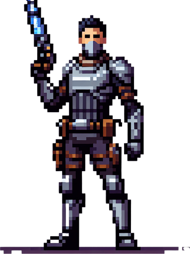 Create a pixel art sprite of the Mandalorian from the Star Wars universe. The Mandalorian should be standing in a determined pose, with his beskar armor and blaster raised. The sprite should be detailed and recognizable, but also stylized to fit within the pixel art aesthetic.
The Mandalorian is a skilled bounty hunter known for his unwavering determination and formidable combat skills. Clad in his signature beskar armor, he wields an array of deadly weapons, including his trusty blaster and a jetpack that allows him to maneuver with incredible agility. Despite his gruff exterior, the Mandalorian possesses a strong sense of honor and a deep-seated loyalty to those he protects.