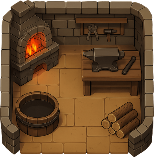 kale olmasın. Top down bir orta çağ demirci evi olsun