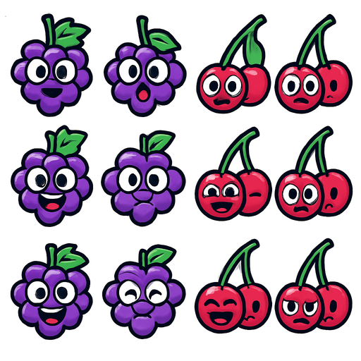 Grapes and Cherry sprites with eye and mouth animation.
In-Game asset.  2d.  High contrast.  No shadows