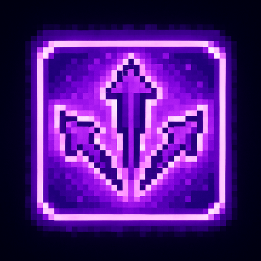 Pixel art of a violet power-up icon with three small arrows or projectiles spreading outward. Represents multishot power in a retro-style game. Glowing, pixelated square icon.
In-Game asset.  2d.  High contrast.  No shadows