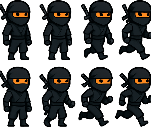 pack of frames of standing & running animation of full body of a ninja character, black color outfit, eyes bondage orange, have sword behind it. HD colors.
In-Game asset.  2d.  High contrast.  No shadows