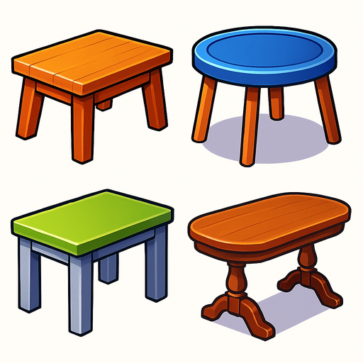 pack of different Tables images.
In-Game asset.  High contrast.  No shadows. 3D