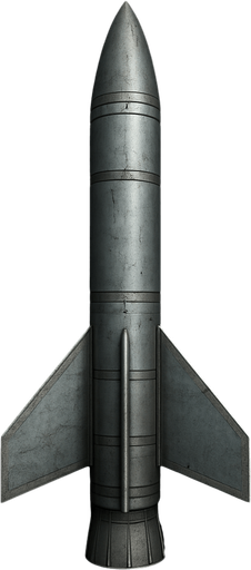 Füze, üstten görünüm, gerçekçi, yazısız.
In-Game asset.  High contrast.  No shadows