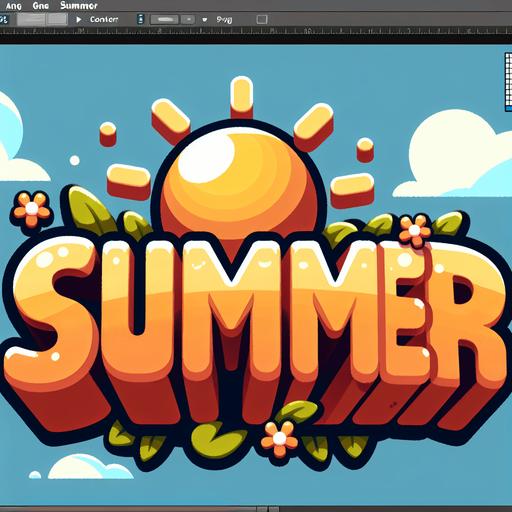 Create an SVG text design for "SUMMER" in bold cartoon style with chunky rounded letters. Add sun rays and small flower details in warm, vibrant colors.​​​​​​​​​​​​​​​​.
Single Game Texture. In-Game asset. 2d. Blank background. High contrast. No shadows.