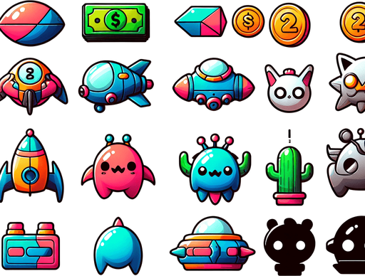 Spaceships, spacemonsters, cash, powerups.
Studio Ghibli. Ghibli style. Mobile game. Colorful. hand drawn. cute. fun. In-Game asset. 2d. Blank background. High contrast. No shadows.