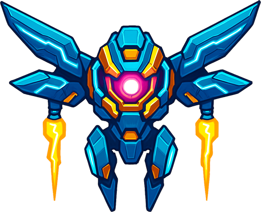 different cyber electro flying enemy from the front side facing camera. HD colors. separated
In-Game asset.  2d.  High contrast.  No shadows