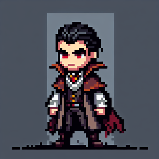 vampire hunter pixel art
Single Game Texture. In-Game asset. 2d. Blank background. High contrast. No shadows.