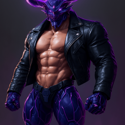 Black leather biker jacket longsleeves shirtless muscles pecs abs hunky demon cyborg robot mecha cyberpunk neon manga futuristic monster stud beefcake
