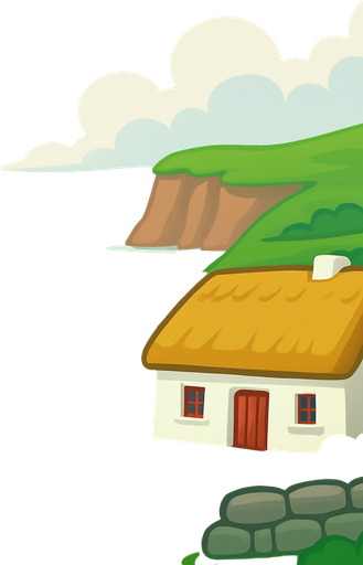 A 2D cartoon-style background inspired by the scenic countryside of Ireland. Include lush green rolling hills, stone fences, a small traditional Irish cottage with a thatched roof, and distant cliffs near the sea. Add a cloudy sky with a soft glow, and maybe a faint rainbow. Style it in vibrant, game-friendly vector or flat cartoon style. Perfect for a mobile music game featuring traditional Irish instruments. Export as a wide image (1920x1080) with no text or characters — just background..
In-Game asset.  2d.  High contrast.  No shadows
