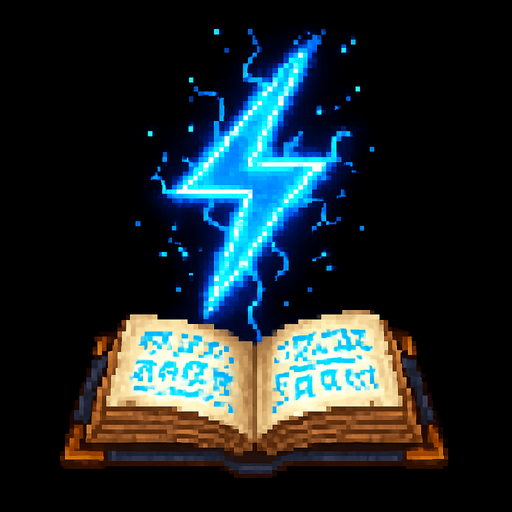 "2D pixel art of a glowing blue lightning bolt symbol emerging from an open magical spellbook. The book has ancient, worn covers and glowing runes on its pages. The lightning symbol floats above the book, made of bright blue magical energy, crackling with small sparks. It glows vividly, suggesting power and electricity. Designed in classic 16-bit fantasy RPG style. Transparent background.".
In-Game asset.  2d.  High contrast.  No shadows