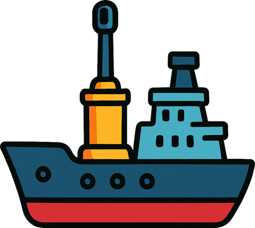 side scroller 2d simple battleship with vertical canon in the midle.
In-Game asset.  2d.  High contrast.  No shadows