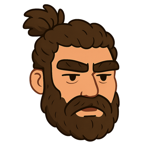 topuslu saçlı sakllı birleşik kaşlı adam. No background. Transparent background. Blank background. No shadows. 2d. In-Game asset. flat