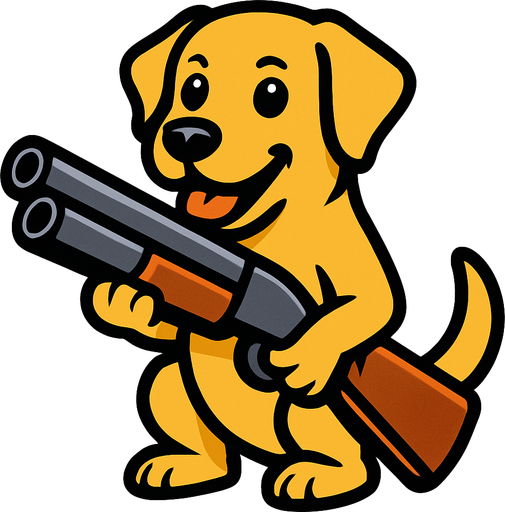 labrador dog hold a hunt gun.
In-Game asset.  2d.  High contrast.  No shadows