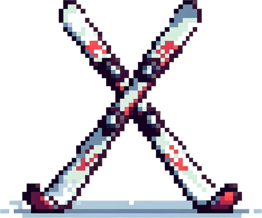 pixel art banner of a pair of skis crossed.
Single Game Texture. In-Game asset. 2d. Blank background. High contrast. No shadows.