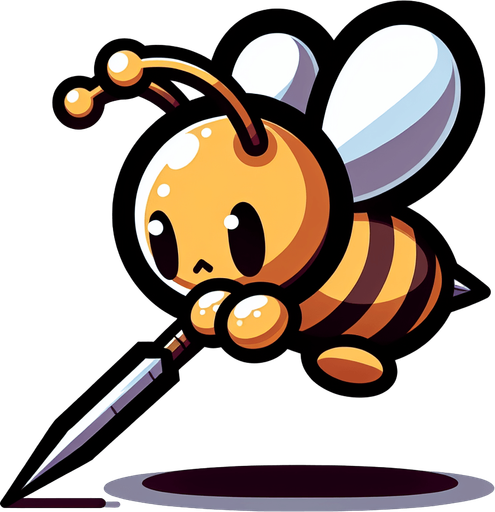 chibi vertical image of bee. dived down attack with spear sting 
Single Game Texture.  In-Game asset.  2d.  Blank background.  High contrast.  No shadows