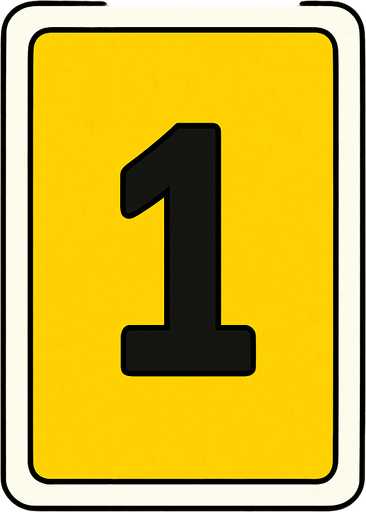 Rectangular card numbered 1, with a white border around it and a yellow background..
In-Game asset.  2d.  High contrast.  No shadows