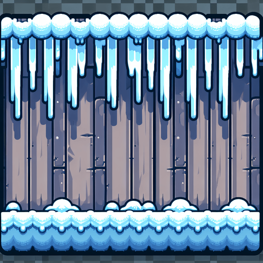 Simple Row of iceales hanging from snowy bar, cartoon. Flat, seen from side. Single Game Texture. In-Game asset. 2d. Blank background. High contrast. No shadows.