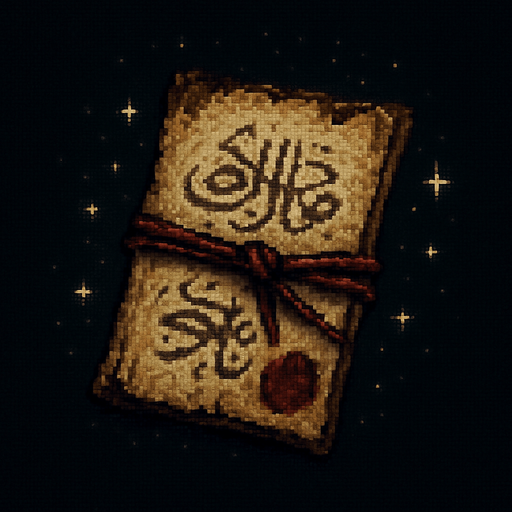 Create a pixel-art item asset of an ancient talisman inspired by Turkish folklore. It should appear as a folded parchment wrapped in an old red thread, with faint Ottoman-style calligraphy or mystical symbols visible. The talisman should have a glowing aura or faint sparkles to imply magical power. Optional details: slightly burned edges, aged paper texture, and traces of dried wax seal. The style should be mysterious, enchanted, and suitable for a 2D horror game. PNG format with transparent background, top-down or item-inventory view..
In-Game asset.  2d.  High contrast.  No shadows