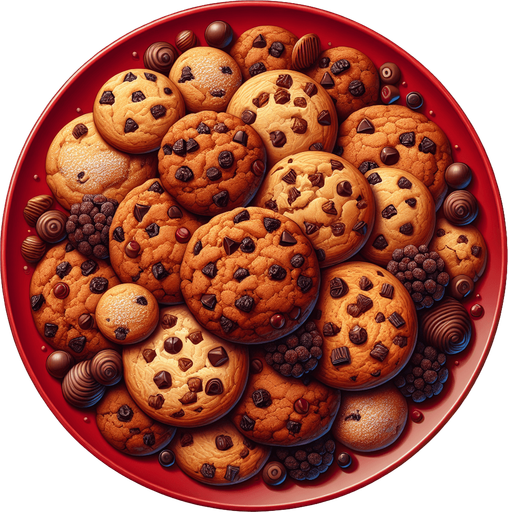 photorealistic red plate of cookies, profile view.