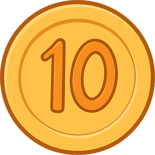 Coin with 10 on it
. No background. Transparent background. Blank background. No shadows. 2d. In-Game asset. flat