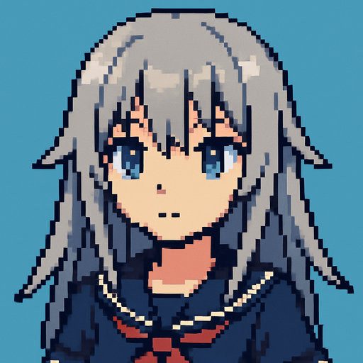 Beautiful anime-style girl with gray hair and light blue eyes. Game image. 2D. High contrast. No shadows. Pixel art..
In-Game asset.  2d.  High contrast.  No shadows